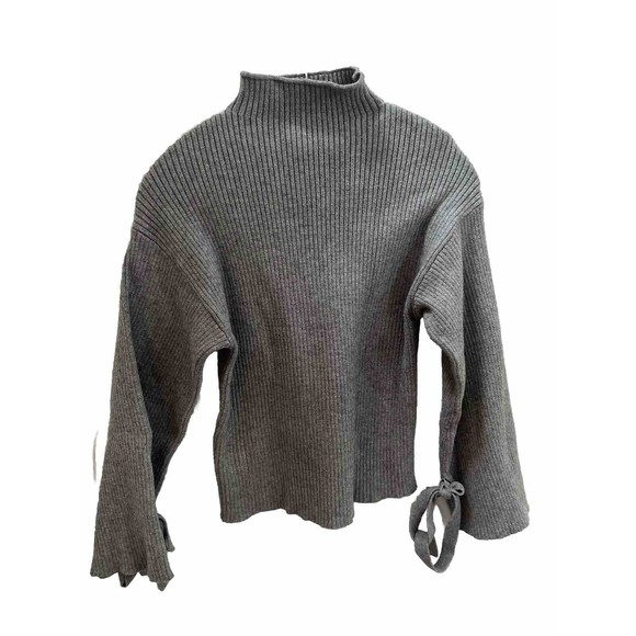 Flared Sleeve, Turtleneck Sweater Gray, Size Large. Bows on Sleeves - Picture 1 of 6